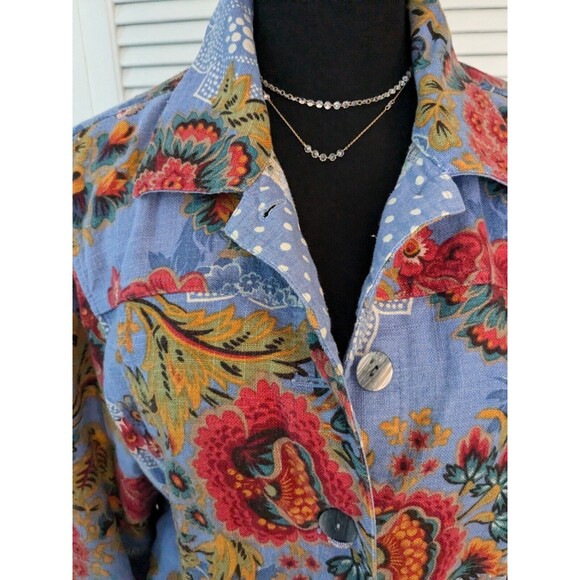 Coldwater Creek Linen Jacket Women's PXL Blue Floral Petite Cottage Core Hippie - Picture 2 of 15